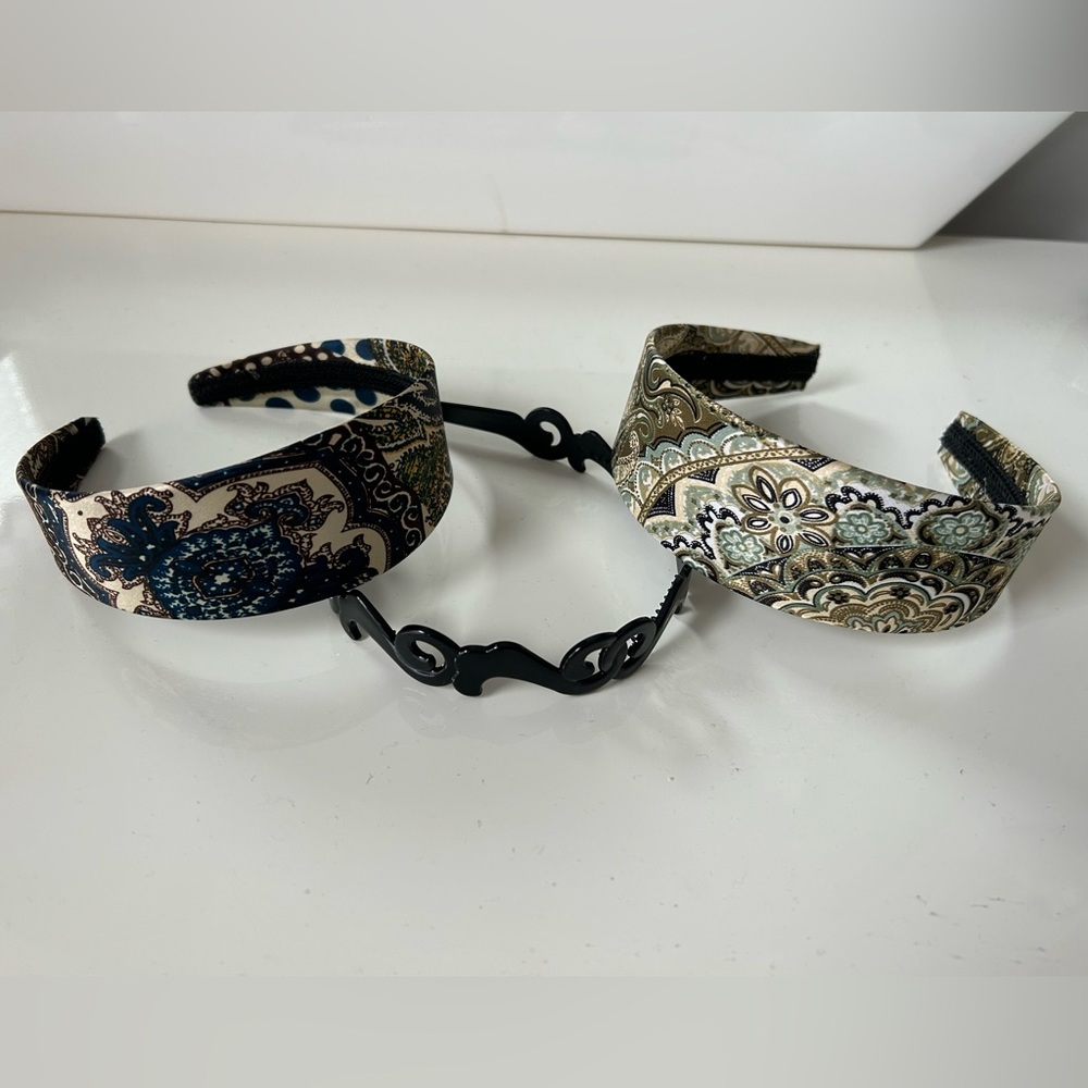 Headbands Three Assorted Satin Plastic Multicolor Black Blue Gold Green NWOT